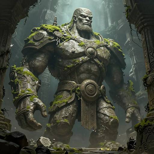 Digital artwork of a massive, armored, moss-covered warrior with intricate patterns, standing in a dark, ancient ruins with beams of light.
