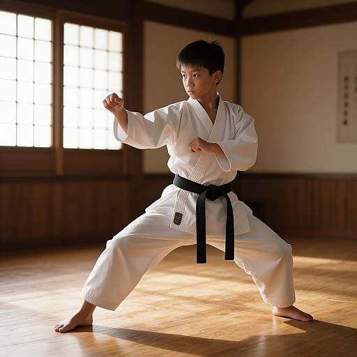 Photograph of a young Asian boy in a white karate gi with a black belt, performing a wide stance in a sunlit dojo.