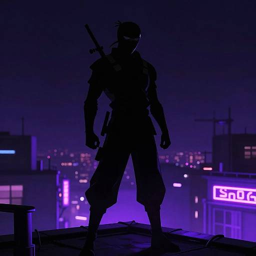 Cyberpunk Ninja Silhouette Rooftop