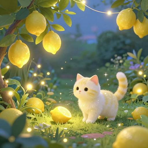 Digital artwork of a fluffy white kitten with black eyes, surrounded by glowing yellow lemons and fairy lights in a magical, twilight garden.