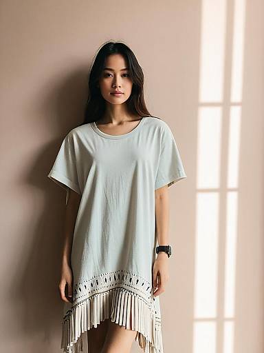 Woman in Bohemian White Asymmetric T-shirt Dress