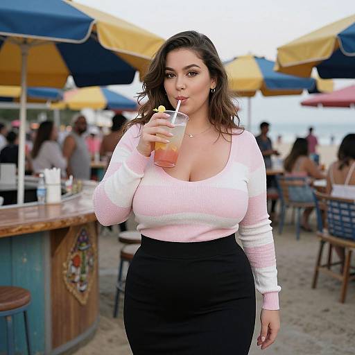 Photograph of a curvy, brunette woman with medium skin tone, wearing a pink and white striped top and black skirt, sipping a pink drink
