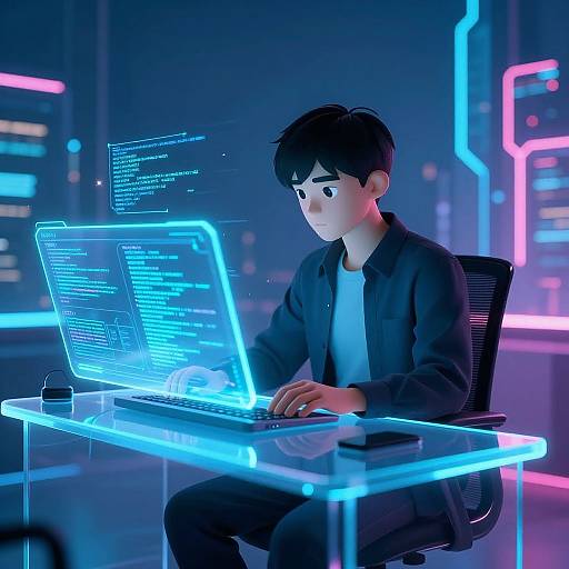 Digital CGI of a young man with black hair, wearing a black jacket, focused on glowing blue neon laptops in a futuristic cityscape. Neon lights illuminate