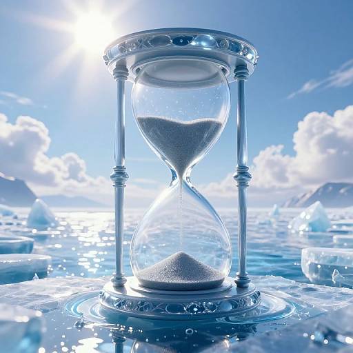 Photograph of a glass hourglass with sand, standing on a reflective, icy surface, against a bright, blue sky with clouds.