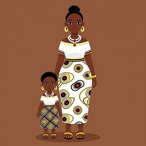 Digital illustration of an African woman and child standing together, wearing white dresses with circular patterns, gold jewelry, and brown background.