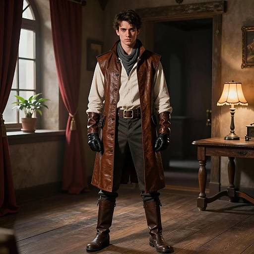 Young Man in Fallout Costume in Medieval Room