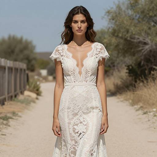 Young Woman in Boho Lace Wedding Dress Outdoors