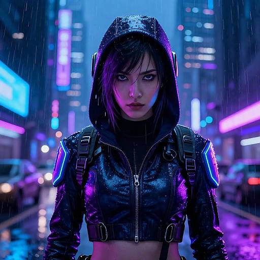 Cyberpunk street scene: Wet, intense-eyed woman with dark hood, neon-embellished black leather jacket, standing in rain-lit,