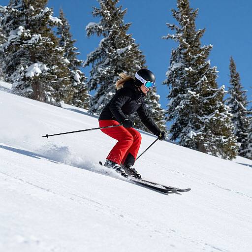 Photograph of a skier with blonde hair in a black helmet, black jacket, red pants, and blue goggles, speeding down a snowy slope with