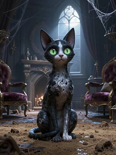 Digital art: A spooky, glowing-eyed black and white cat sits in a dark, gothic room with cobwebs, broken chairs, and a lit