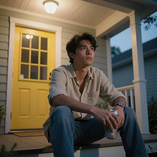 Young Man Sitting on Porch at Night