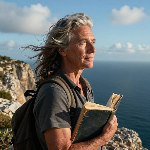 Photograph of an older man with gray hair, wearing a dark shirt, holding a book, standing on a cliff overlooking the ocean under a bright blue