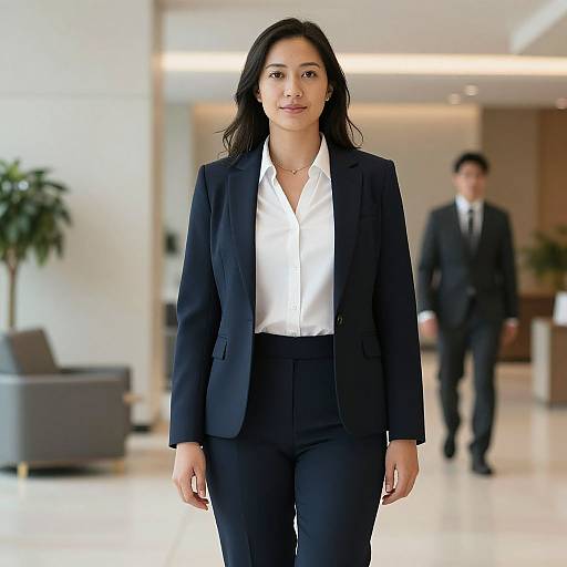 Photograph of a confident, dark-haired woman in a navy suit and white shirt walking in a modern, brightly lit office. Blurred man in suit