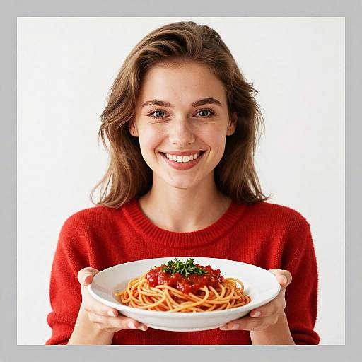 Photograph of a smiling young woman with light brown hair, wearing a red sweater, holding a white plate of spaghetti with tomato sauce and garnished with