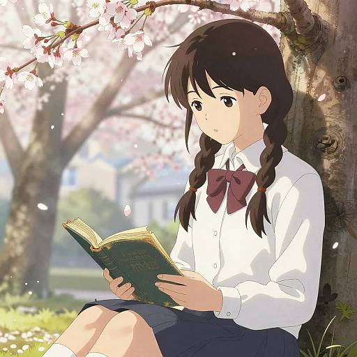 Wistful Schoolgirl Amid Cherry Blossoms