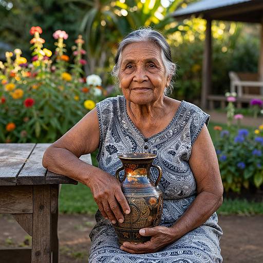 Photograph of an elderly Asian woman with wrinkled skin, gray hair in a patterned dress, holding a decorative ceramic jug, sitting outdoors in a