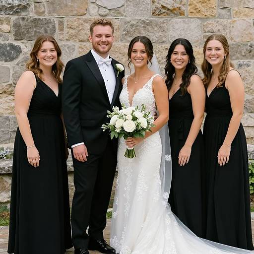 Photograph of a smiling bride in a white lace gown holding a bouquet, flanked by four bridesmaids in black dresses, and a groom in a