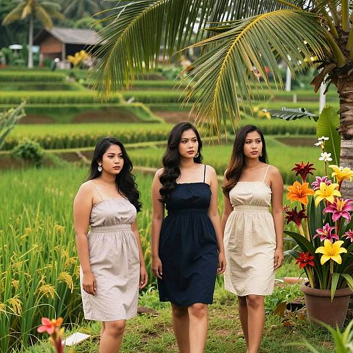Photograph of three Asian women with long black hair, wearing white and black sleeveless dresses, standing in a lush, tropical garden with palm trees and