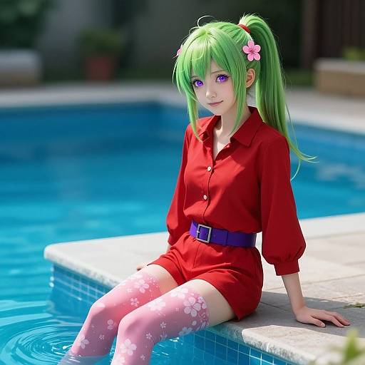 Digital anime-style image of a green-haired girl with purple eyes, wearing a red shirt and shorts, sitting on a pool edge, with floral-patterned