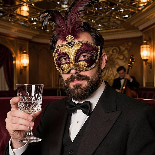 Bearded man in black tuxedo and gold masquerade mask with purple feather, holding crystal glass, in ornate, dimly-lit