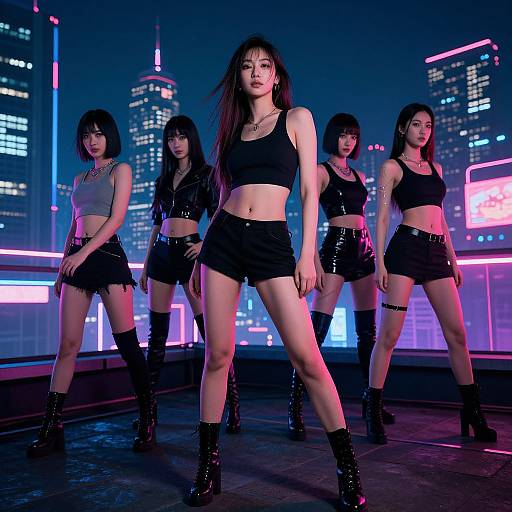 Photograph of five Asian women in neon-lit cityscape, wearing black crop tops, shorts, and high boots, standing confidently in a row.