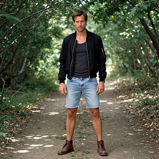Photograph of a fit, bearded man with light brown hair, wearing a black jacket, black tee, light blue shorts, and brown boots,