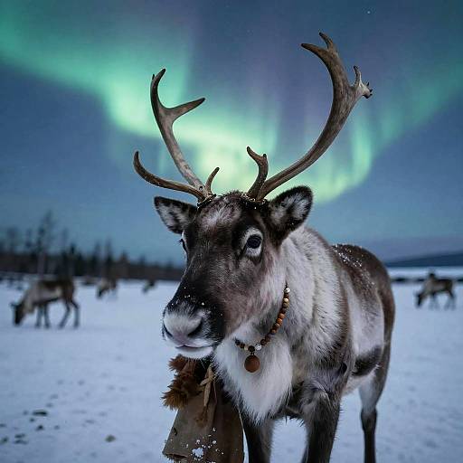 Photograph of a reindeer with antlers wearing a bead necklace, standing in a snowy landscape under the Northern Lights.