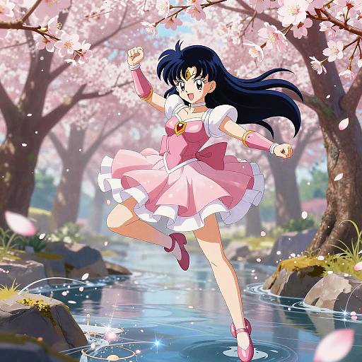 Anime-style illustration of a cheerful girl with long black hair, pink dress, and white frills, jumping in a cherry blossom-filled forest by a stream