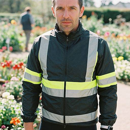 Photograph of a serious-looking man in a black and yellow reflective jacket standing in a sunlit, colorful garden, with blurred flowers and a person in