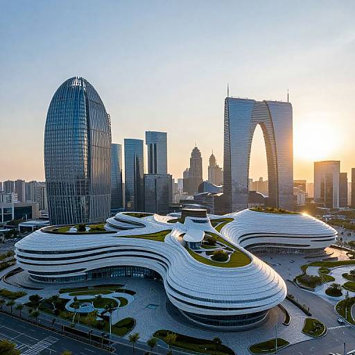 Photograph of modern Dubai skyline at sunset, featuring the curved Burj Khalifa, wavy white Wave Tower complex, and various skyscrapers.