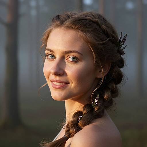 Photograph of a smiling young woman with fair skin, blue eyes, and braided brown hair adorned with a black feather, standing in a misty