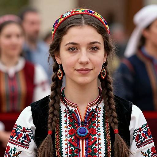 Photograph of a young woman with fair skin and braided brown hair, wearing a colorful traditional embroidered blouse and headband, standing in a blurred outdoor