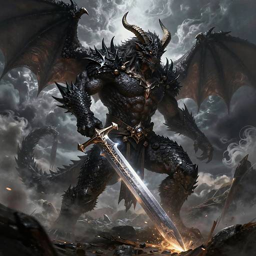 Digital fantasy artwork of a muscular, black-scaled, horned dragon warrior wielding a glowing sword, standing amidst a stormy, cloud-filled sky.