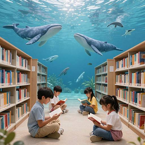 Children Riding Books in Floating Ocean