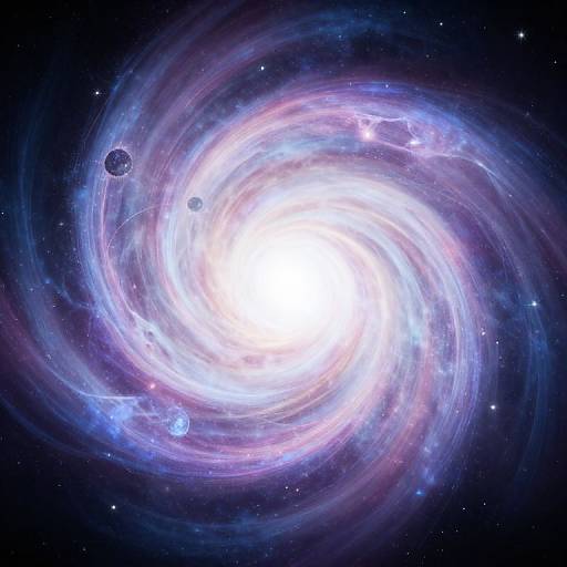 Digital artwork of a bright, swirling galaxy with a white core, surrounded by blue and purple nebulous clouds, and small dark planets. Starry background