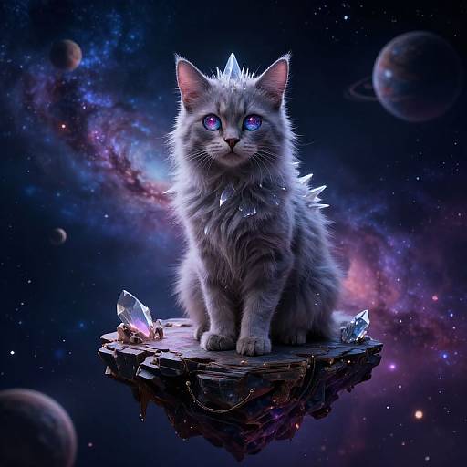 Digital artwork of a fluffy, gray cat with glowing blue eyes, sitting on a floating rock in a cosmic galaxy, surrounded by planets and crystal shards.
