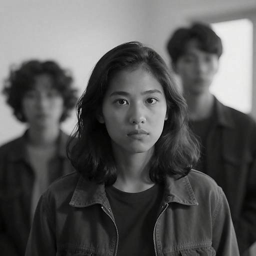 Serious Young Woman with Two Blurred Figures