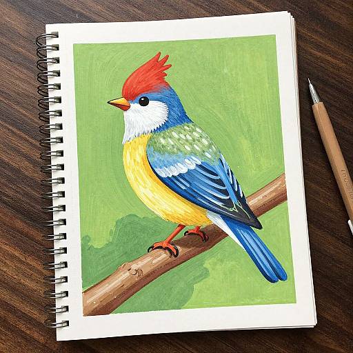 Colorful watercolor painting of a vibrant bird with a red crest, blue head, yellow chest, and green background, on a sketchbook.