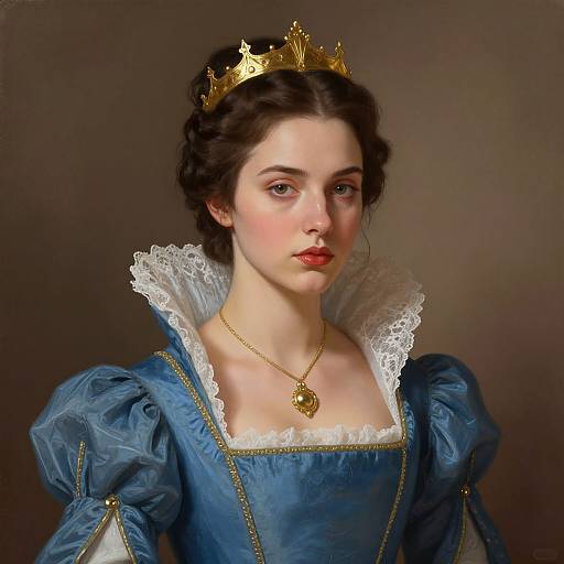 Digital portrait of a fair-skinned, dark-haired woman with red lips, wearing a gold crown, blue Renaissance-style dress with white lace collar, and