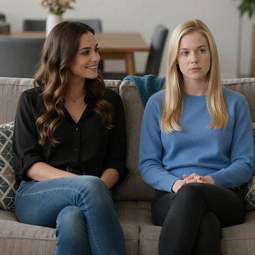 Two Women Seated on Patterned Couch