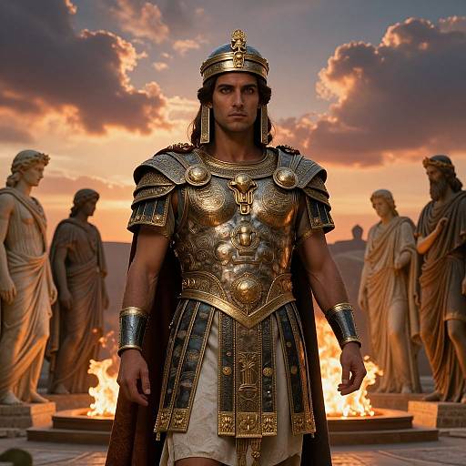 Photograph of a muscular man in ancient Egyptian armor, with a golden helmet and detailed chest plate, standing before a blazing fire and statues, under a