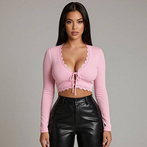 Photograph of a curvy woman with long black hair, wearing a pink lace-trimmed crop top and black leather pants, standing against a plain