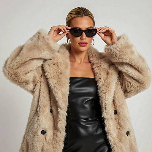 Fashionable woman in fur coat and leather dress