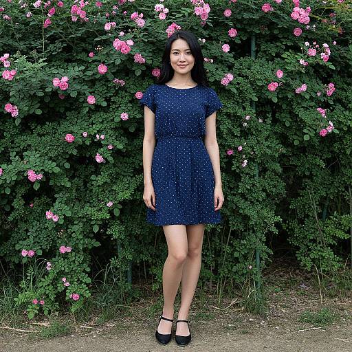 Photograph of a smiling Asian woman with long black hair, wearing a dark blue, short-sleeved, polka-dot dress and black flats,