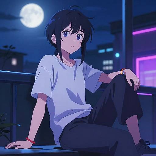 Anime-style digital drawing of a black-haired, blue-eyed boy in a white shirt and black pants, sitting on a balcony at night, illuminated by a