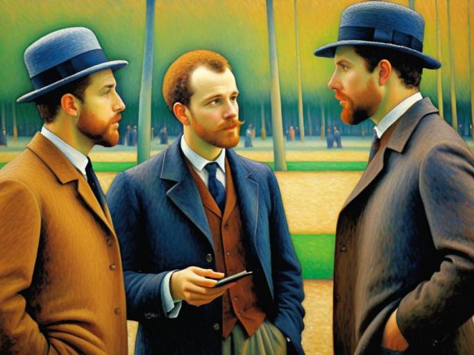 Seurat-Style Portrait of Three Men Conversing