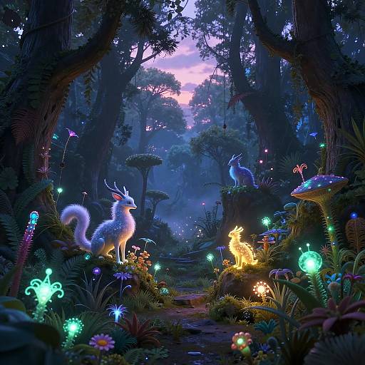 Magical forest scene at twilight, illuminated by glowing fireflies and bioluminescent creatures, featuring a white fox and a yellow dragon among lush,