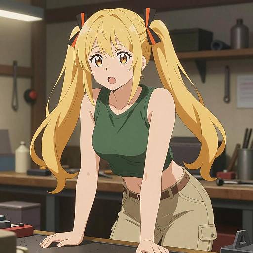Anime Woman Leaning on Workbench