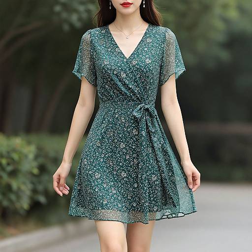 Photograph of a fair-skinned woman with long dark hair, wearing a green, sheer, short-sleeved, V-neck dress with white spe