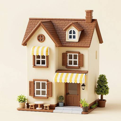 Photograph of a detailed, two-story, cream-colored house with brown roof, yellow-striped awnings, potted plants, wooden chairs, and small